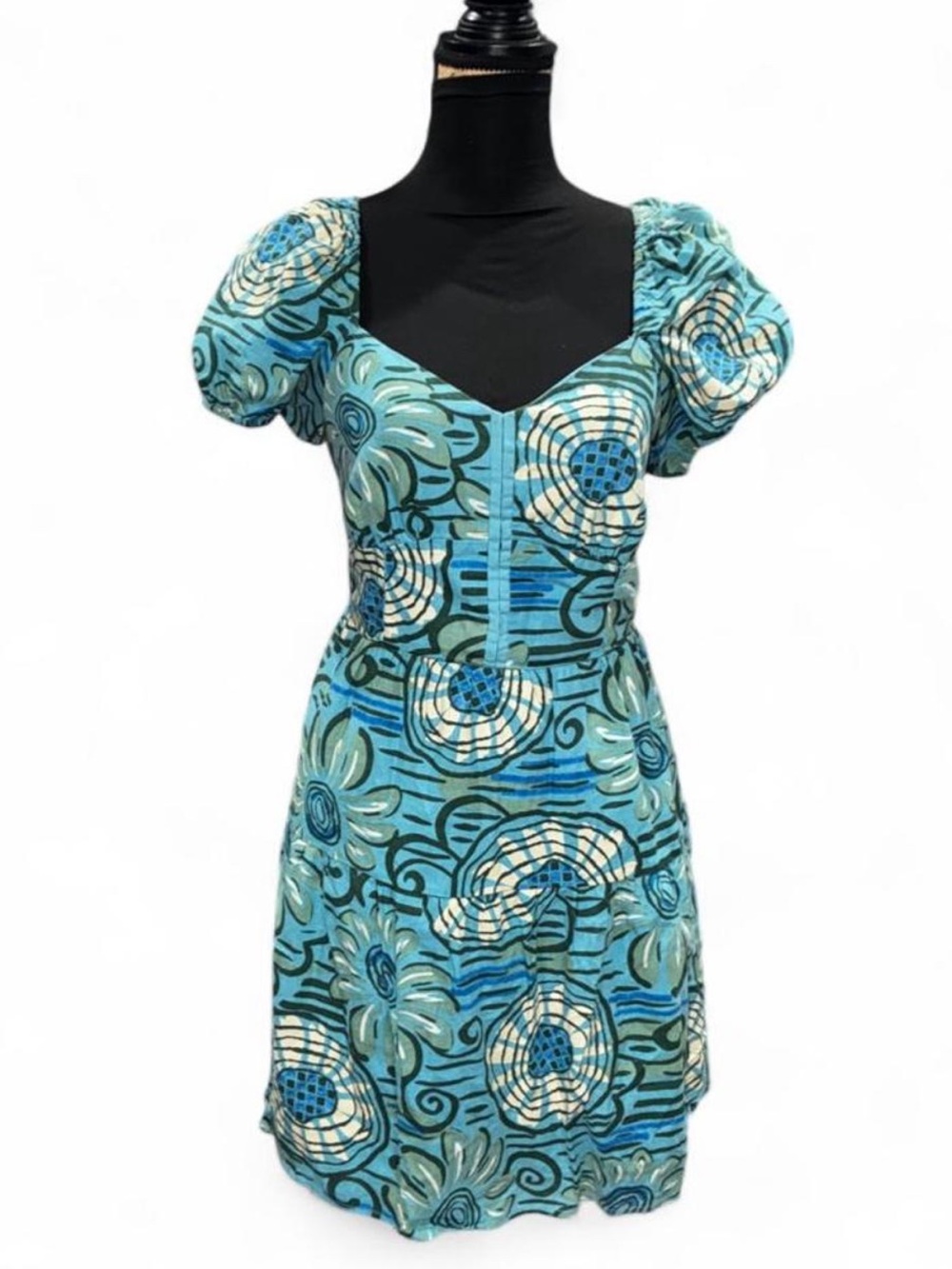 House of Harlow 1960 Aqua & Cream Floral Puff-Sleeve Mini Dress